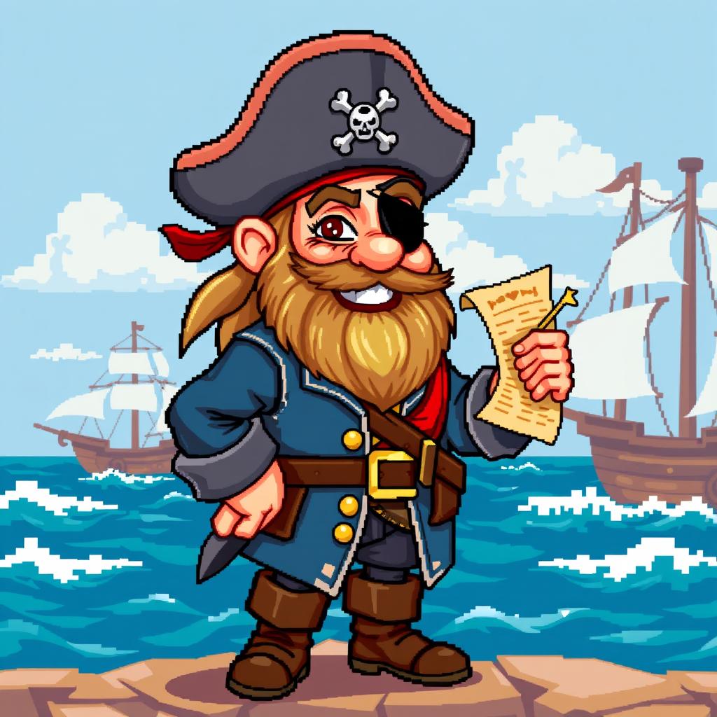 A detailed 16-32 pixel art style pirate character for a retro video game