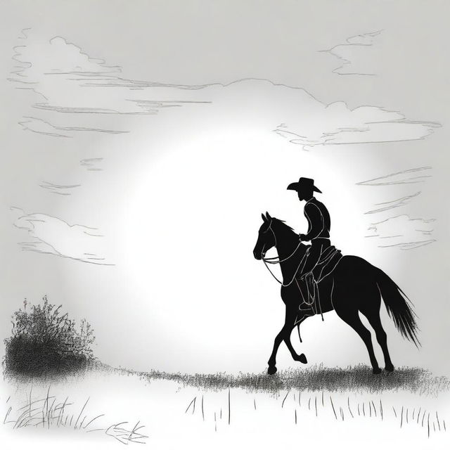 A cowboy silhouetted against a setting sun, creating a dramatic scene suitable for a colouring book page.