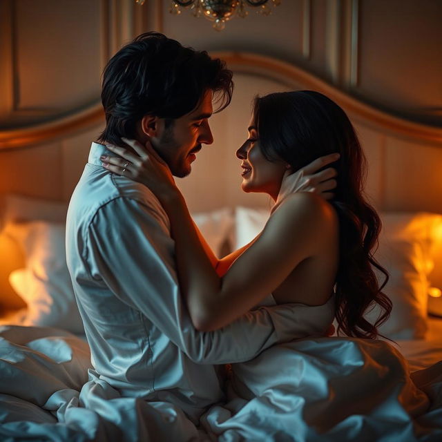 A sensual and intimate scene depicting a couple in an elegant bedroom setting, softly lit with warm tones