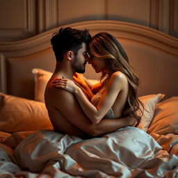A sensual and intimate scene depicting a couple in an elegant bedroom setting, softly lit with warm tones