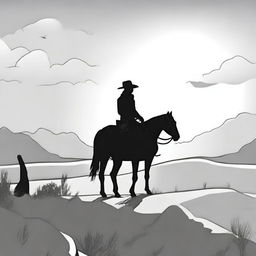 A cowboy silhouetted against a setting sun, creating a dramatic scene suitable for a colouring book page.