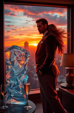 A captivating scene depicting a billionaire romance with a slow burn theme, symbolized through fire and ice elements