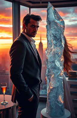 A captivating scene depicting a billionaire romance with a slow burn theme, symbolized through fire and ice elements
