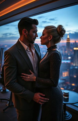 A captivating scene depicting a slow-burning billionaire romance, featuring a stunningly handsome billionaire with an intriguing mix of intensity and warmth, and a fierce yet captivating woman with an icy demeanor and striking beauty