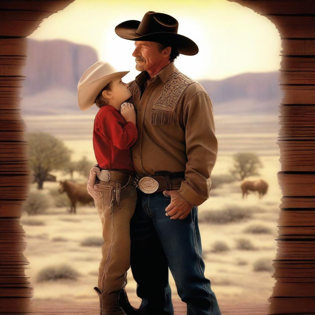 A heartfelt scene of a cowboy lovingly gazing at his young son with the backdrop of the Wild West.