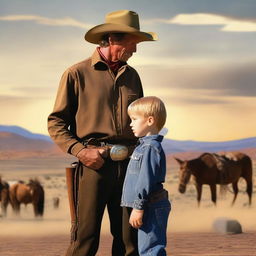 A heartfelt scene of a cowboy lovingly gazing at his young son with the backdrop of the Wild West.