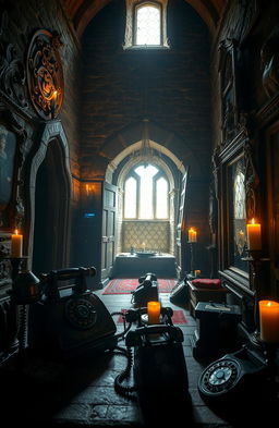 A mysterious scene set in a medieval Irish castle named Scáthán, featuring old telephones and ornate mirrors throughout the castle's dimly lit halls