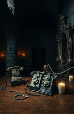 A mysterious scene set in a medieval Irish castle named Scáthán, featuring old telephones and ornate mirrors throughout the castle's dimly lit halls