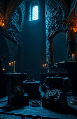 A mysterious scene set in a medieval Irish castle named Scáthán, featuring old telephones and ornate mirrors throughout the castle's dimly lit halls