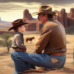 A heartfelt scene of a cowboy lovingly gazing at his young son with the backdrop of the Wild West.