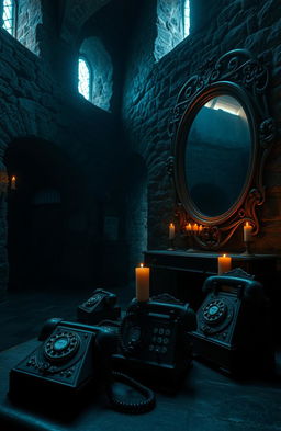 A mysterious scene set in a medieval Irish castle named Scáthán, featuring old telephones and ornate mirrors throughout the castle's dimly lit halls