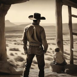 A heartfelt scene of a cowboy lovingly gazing at his young son with the backdrop of the Wild West.