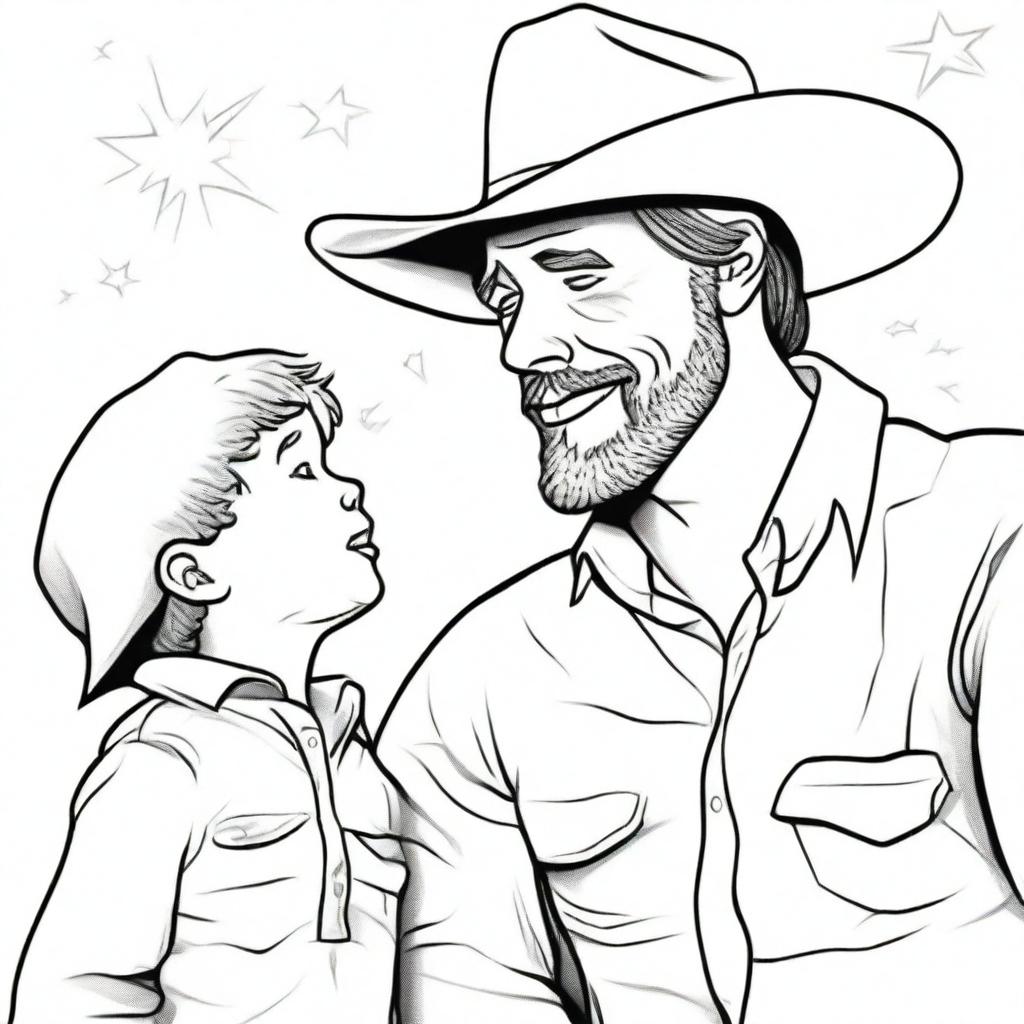 A cowboy gazing up at his son who is glowing brightly, providing a light in his life