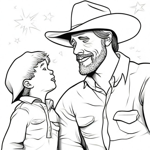 A cowboy gazing up at his son who is glowing brightly, providing a light in his life