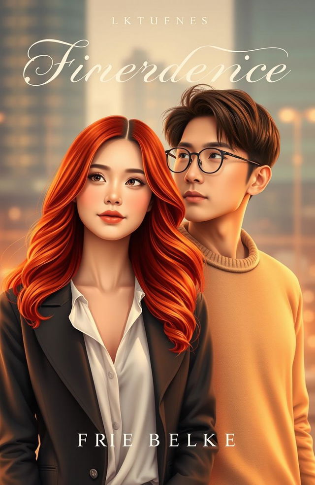 A romantic book cover featuring a girl with fiery red-bronze hair, her style elegant yet casual, standing confidently beside a serious-looking Asian man with medium-length hair and stylish glasses