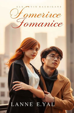 A romantic book cover featuring a girl with fiery red-bronze hair, her style elegant yet casual, standing confidently beside a serious-looking Asian man with medium-length hair and stylish glasses