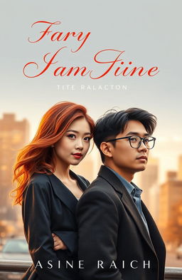 A romantic book cover featuring a girl with fiery red-bronze hair, her style elegant yet casual, standing confidently beside a serious-looking Asian man with medium-length hair and stylish glasses