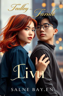 A romantic book cover featuring a girl with fiery red-bronze hair, her style elegant yet casual, standing confidently beside a serious-looking Asian man with medium-length hair and stylish glasses