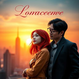 A romantic book cover featuring a girl with vibrant red-bronze hair, dressed in a fashionable yet casual outfit, standing alongside a serious-looking Asian man with medium-length hair and stylish glasses