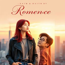A romantic book cover featuring a girl with vibrant red-bronze hair, dressed in a fashionable yet casual outfit, standing alongside a serious-looking Asian man with medium-length hair and stylish glasses
