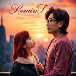 A romantic book cover featuring a girl with vibrant red-bronze hair, dressed in a fashionable yet casual outfit, standing alongside a serious-looking Asian man with medium-length hair and stylish glasses