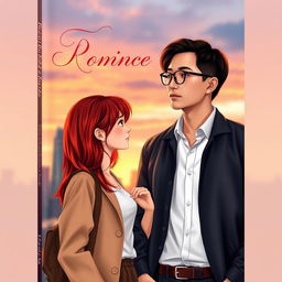 A romantic book cover featuring a girl with vibrant red-bronze hair, dressed in a fashionable yet casual outfit, standing alongside a serious-looking Asian man with medium-length hair and stylish glasses