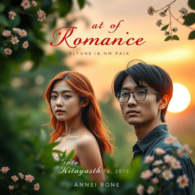 A romantic book cover featuring a red-haired girl with bronzed skin, looking dreamy and enchanting, standing in a lush green setting