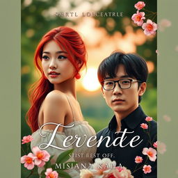 A romantic book cover featuring a red-haired girl with bronzed skin, looking dreamy and enchanting, standing in a lush green setting