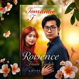 A romantic book cover featuring a red-haired girl with bronzed skin, looking dreamy and enchanting, standing in a lush green setting