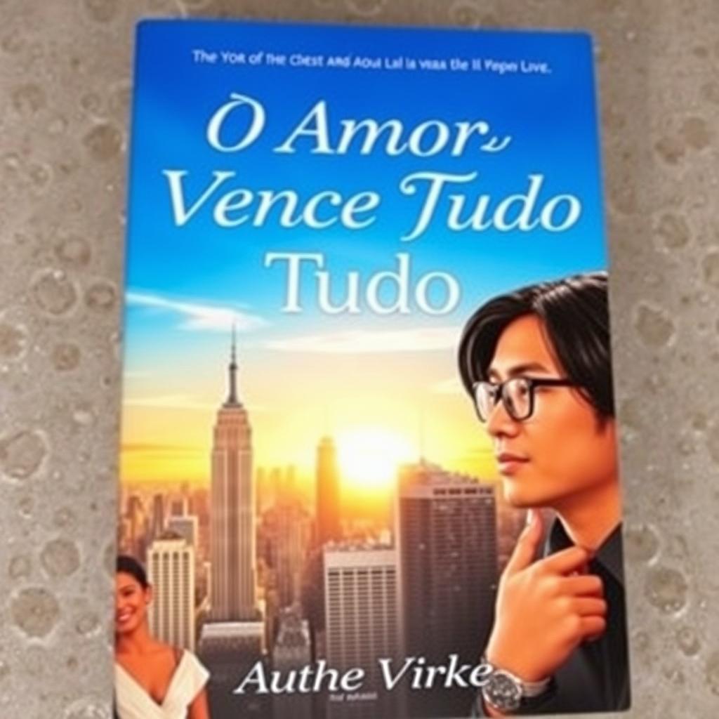 A captivating book cover titled "O Amor Vence Tudo" showcasing a bronze-skinned Brazilian girl with a warm smile, dressed in a stylish outfit, capturing the essence of joy and love