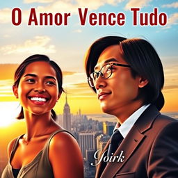 A captivating book cover titled "O Amor Vence Tudo" showcasing a bronze-skinned Brazilian girl with a warm smile, dressed in a stylish outfit, capturing the essence of joy and love