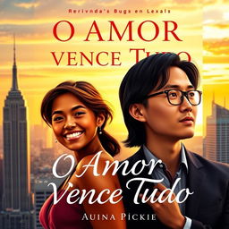 A captivating book cover titled "O Amor Vence Tudo" showcasing a bronze-skinned Brazilian girl with a warm smile, dressed in a stylish outfit, capturing the essence of joy and love