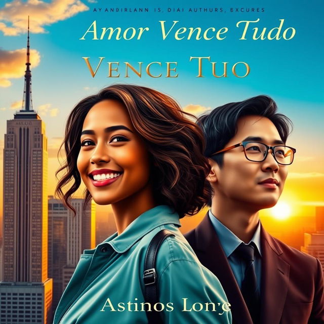 A captivating book cover titled "O Amor Vence Tudo" showcasing a bronze-skinned Brazilian girl with a warm smile, dressed in a stylish outfit, capturing the essence of joy and love