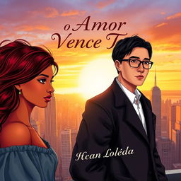 A stunning book cover for the title "O Amor Vence Tudo" featuring a bronze-skinned girl with rich dark red hair, expressing warmth and confidence