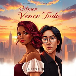 A stunning book cover for the title "O Amor Vence Tudo" featuring a bronze-skinned girl with rich dark red hair, expressing warmth and confidence