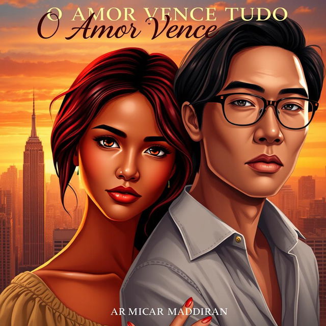 A stunning book cover for the title "O Amor Vence Tudo" featuring a bronze-skinned girl with rich dark red hair, expressing warmth and confidence