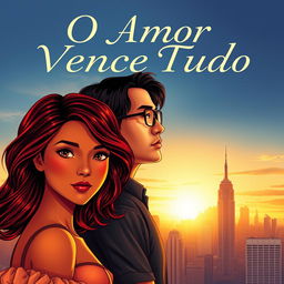 A stunning book cover for the title "O Amor Vence Tudo" featuring a bronze-skinned girl with rich dark red hair, expressing warmth and confidence