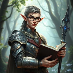 A high elf male character, exhibiting a blend of wisdom and playfulness, clad in intricately designed armor that reflects elven craftsmanship