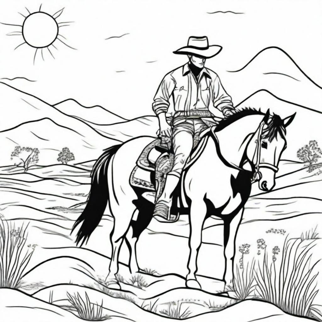 A cowboy under the scorching sun, the heat almost tangible. This should be designed as a dramatic colouring book page.