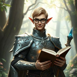 A high elf male character, exhibiting a blend of wisdom and playfulness, clad in intricately designed armor that reflects elven craftsmanship
