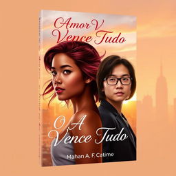A beautiful book cover for the title "O Amor Vence Tudo" featuring a bronze-skinned girl with dark red hair, radiating strength and warmth