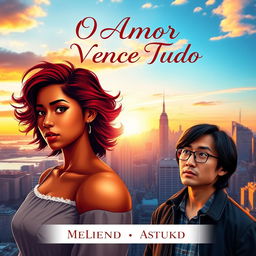A beautiful book cover for the title "O Amor Vence Tudo" featuring a bronze-skinned girl with dark red hair, radiating strength and warmth