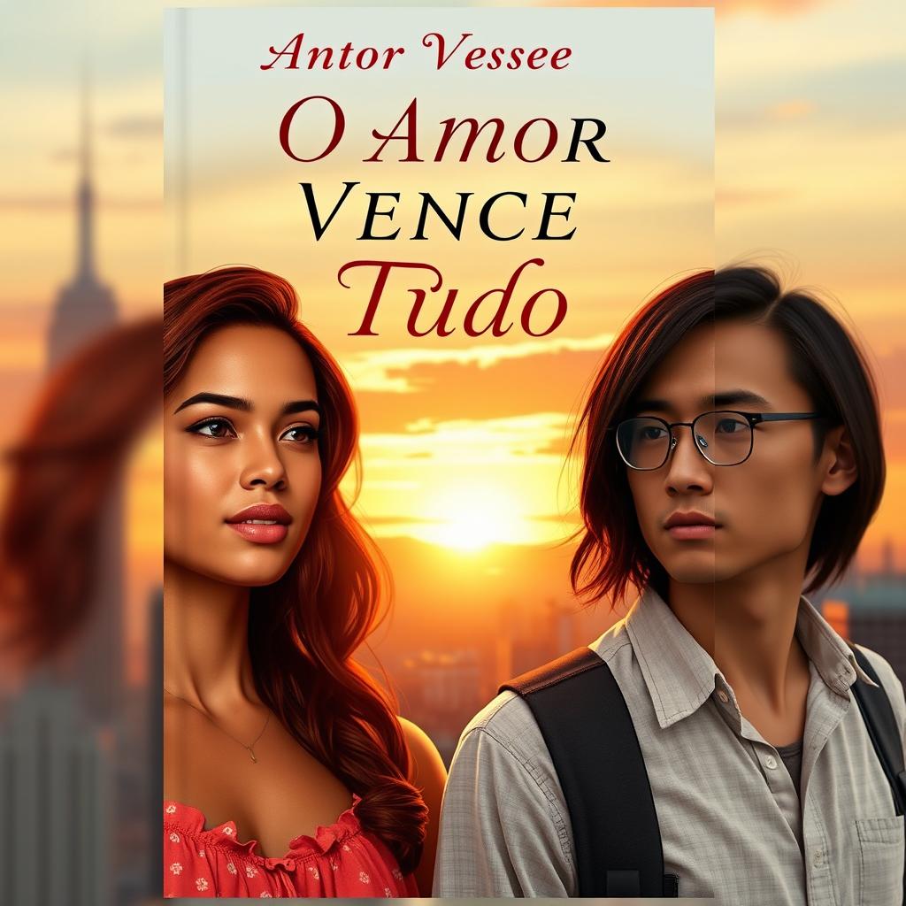 A beautiful book cover for the title "O Amor Vence Tudo" featuring a bronze-skinned girl with dark red hair, radiating strength and warmth