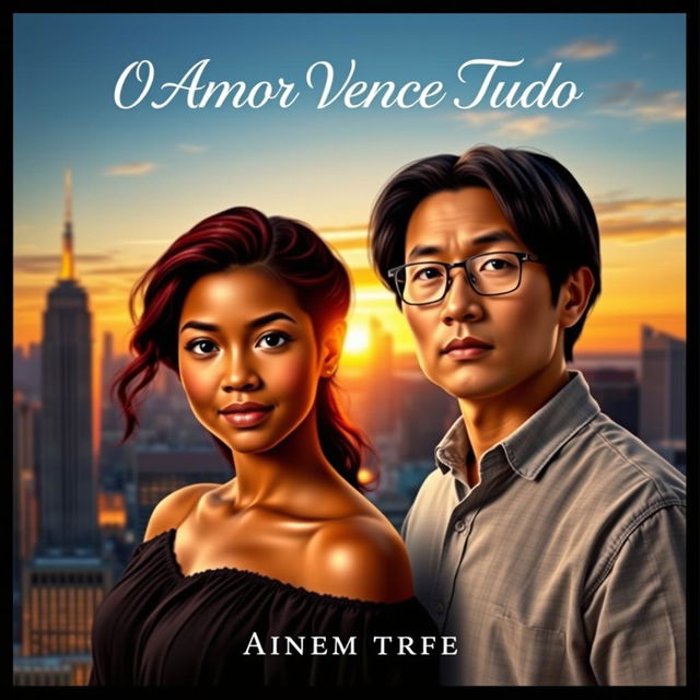 A beautiful book cover for the title "O Amor Vence Tudo" featuring a bronze-skinned girl with dark red hair, radiating strength and warmth