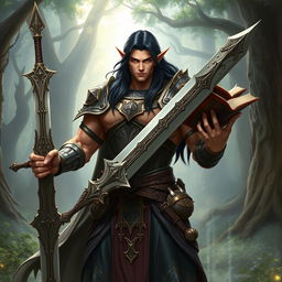 A high elf male character with a strong muscular build, adorned in intricately designed armor that reflects fantasy aesthetics