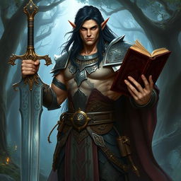 A high elf male character with a strong muscular build, adorned in intricately designed armor that reflects fantasy aesthetics