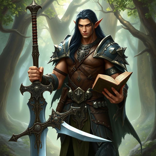 A high elf male character with a strong muscular build, adorned in intricately designed armor that reflects fantasy aesthetics