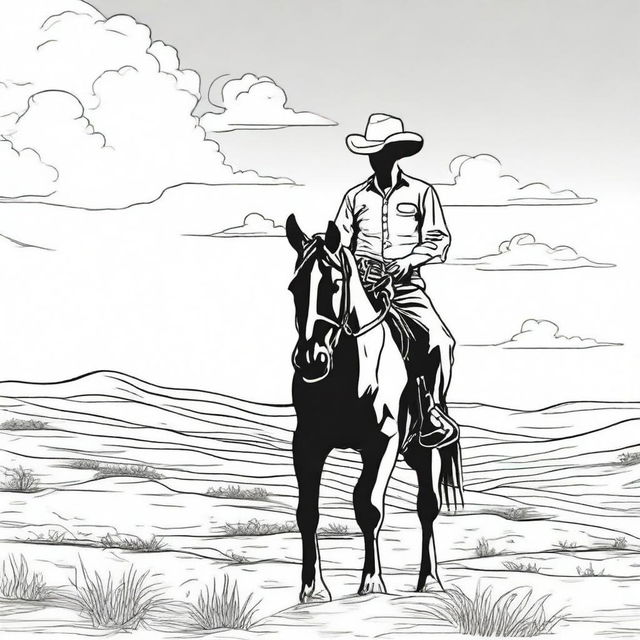 A cowboy under the scorching sun, the heat almost tangible. This should be designed as a dramatic colouring book page.