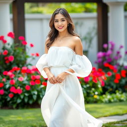 A young woman standing in an elegant outdoor setting, wearing a flowing white skirt that gently dances in the breeze