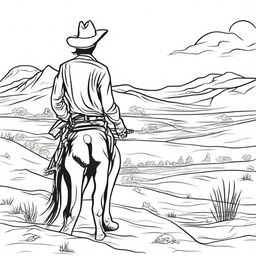 A cowboy under the scorching sun, the heat almost tangible. This should be designed as a dramatic colouring book page.